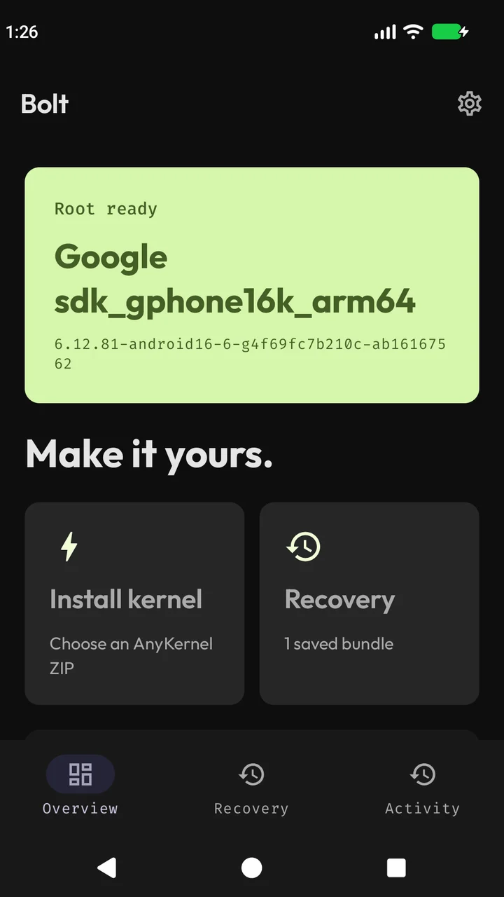 Bolt dark Overview with root ready, device information and a sample six-partition AutoRecovery bundle.