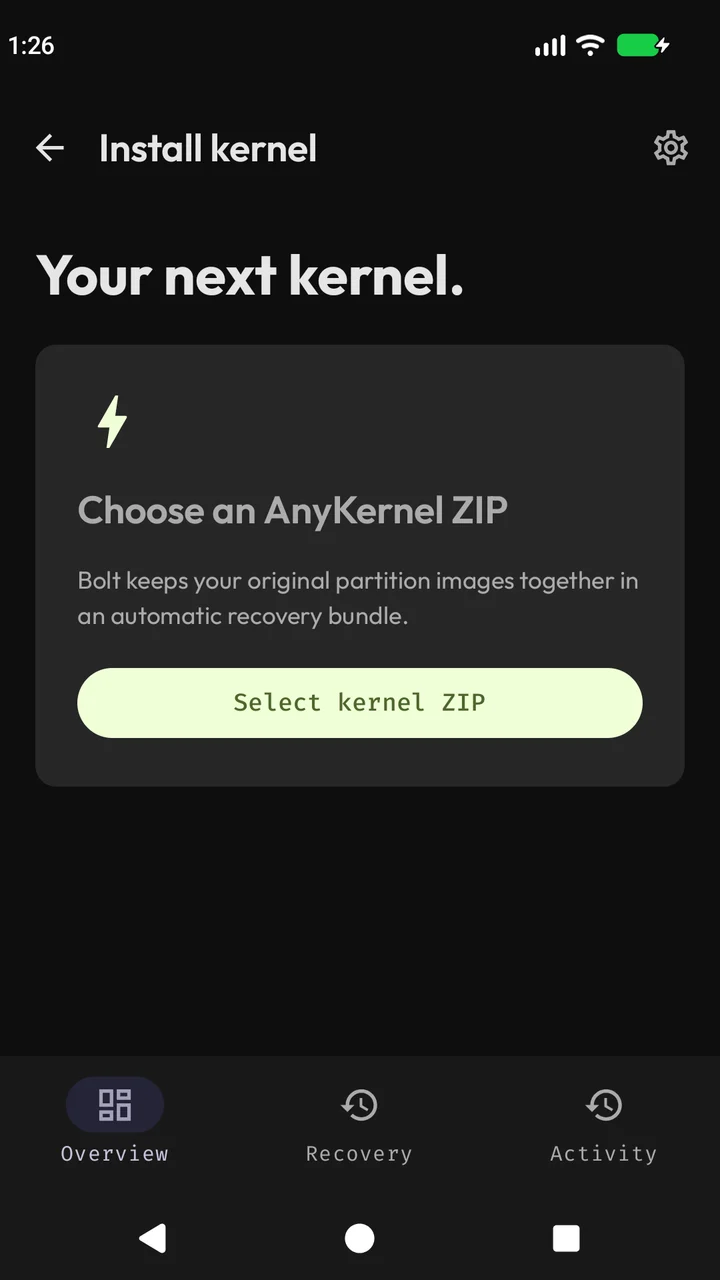 Bolt Install kernel screen awaiting an AnyKernel ZIP selection.