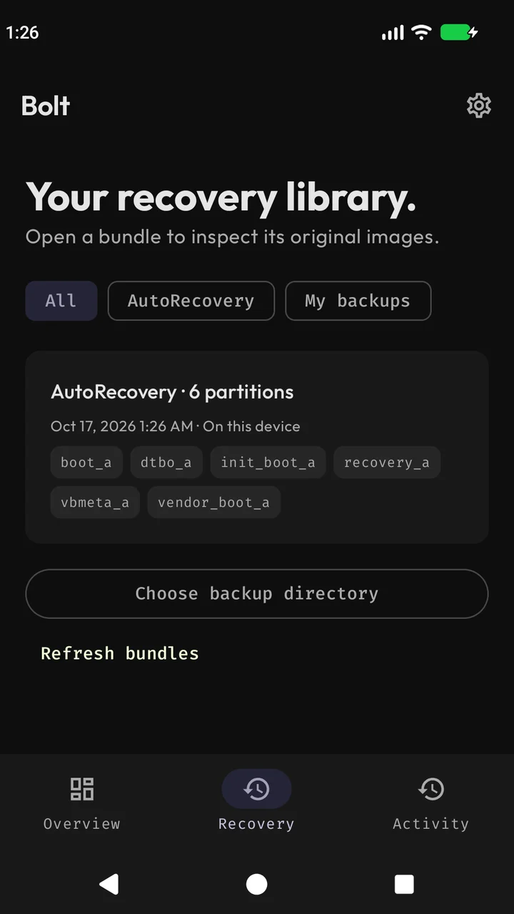 Bolt Recovery library showing one sample AutoRecovery bundle with six partition badges.