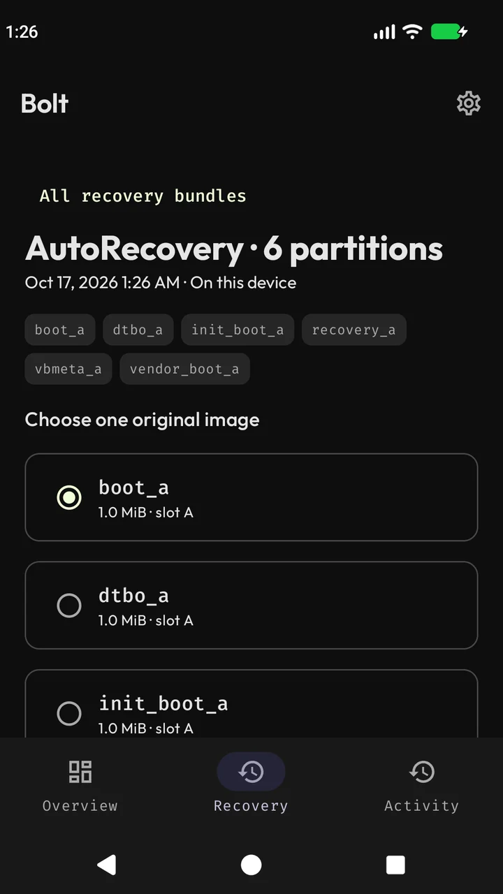 Bolt sample recovery bundle details with original partition image choices.