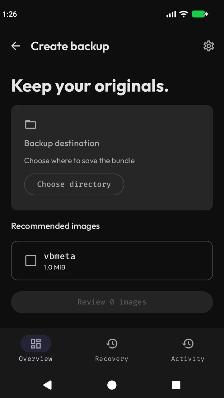 Bolt Create backup screen with destination selection and discovered emulator partition choices.