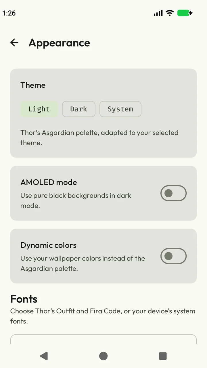 Bolt Appearance settings with the Asgardian light theme selected.