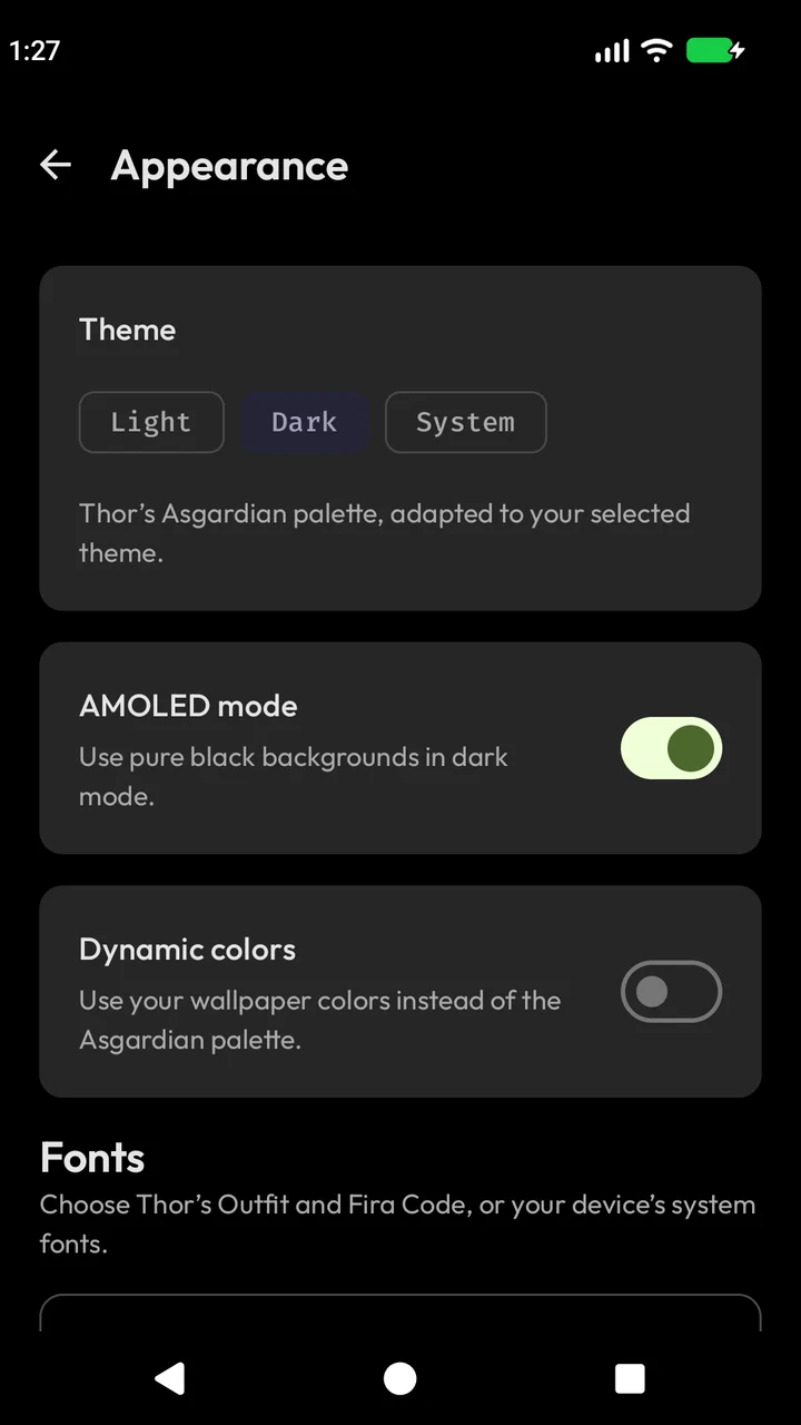 Bolt Appearance settings in the AMOLED dark theme.